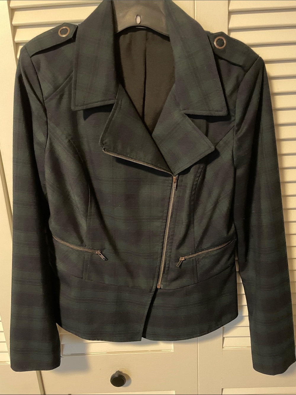 Cabi Tartan Plaid Moto Jacket - Dark Green